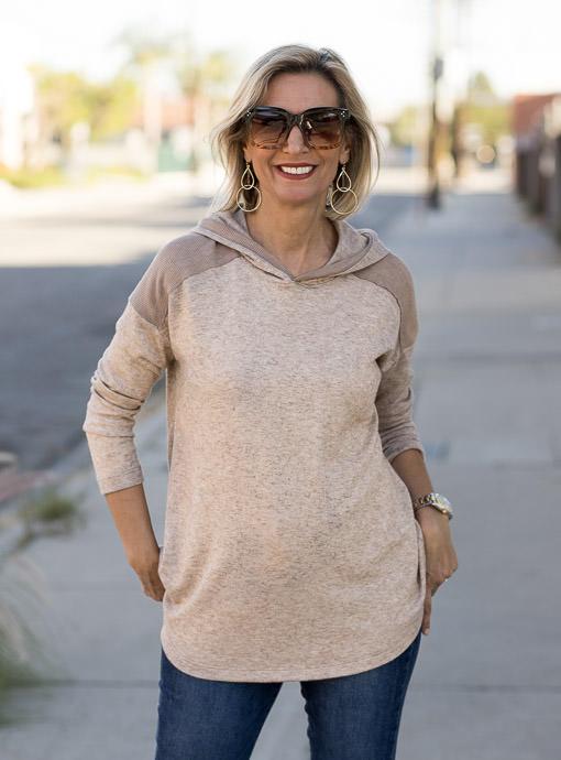 Heather Taupe Textured and Solid Knit Hooded Top