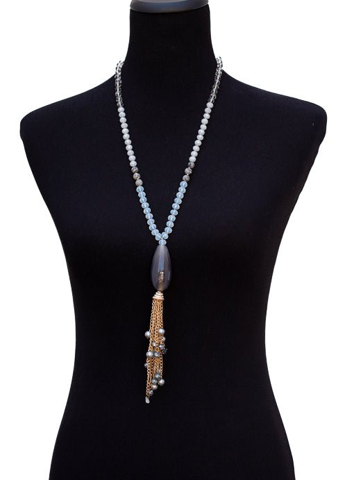 Iridescent Bead Necklace With Gray Pendant And Chain Fringe - Just Style LA