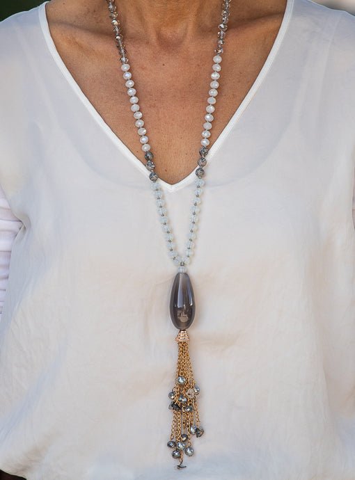Iridescent Bead Necklace With Gray Pendant And Chain Fringe - Just Style LA