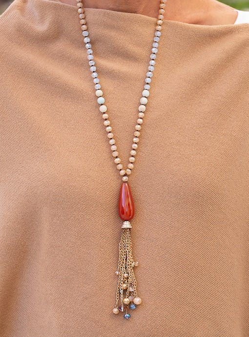 Iridescent Bead Necklace With Rust Pendant And Chain Fringe - Just Style LA