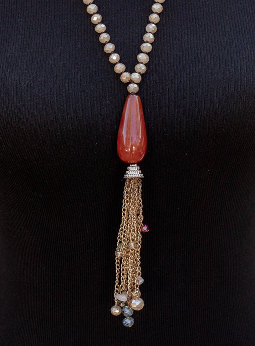 Iridescent Bead Necklace With Rust Pendant And Chain Fringe - Just Style LA