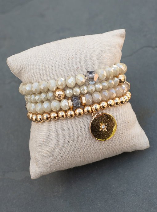 Ivory And Gold Bead Bracelet Set Of Four With Charm - Just Style LA