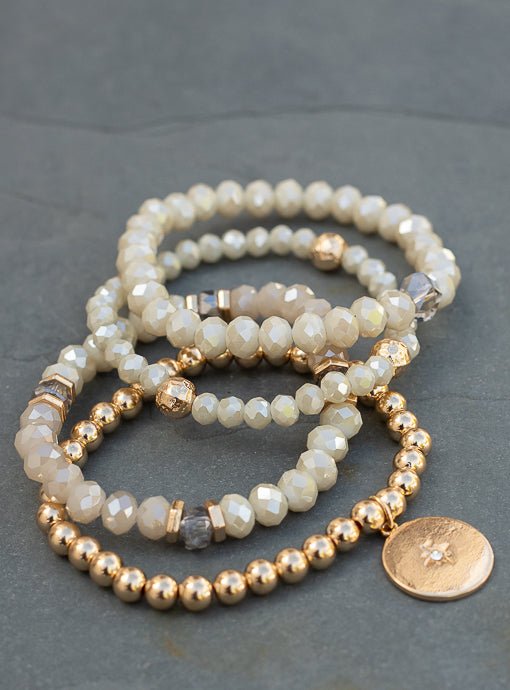 Ivory And Gold Bead Bracelet Set Of Four With Charm - Just Style LA