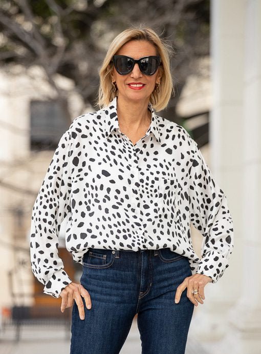 Ivory Black Dalmatian Dot Print Silky Shirt - Just Style LA