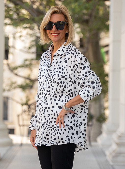 Ivory Black Dalmatian Print Silky Shirt - Just Style LA