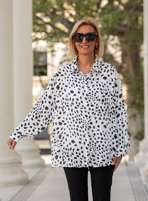 Ivory Black Dalmatian Print Silky Shirt - Just Style LA
