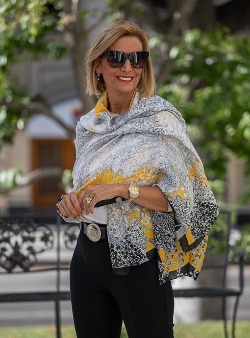Ivory Black Yellow Abstract Floral Silky Scarf Shawl