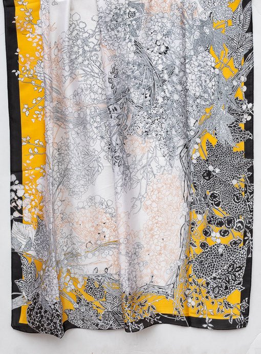 Ivory Black Yellow Abstract Floral Silky Scarf Shawl - Just Style LA