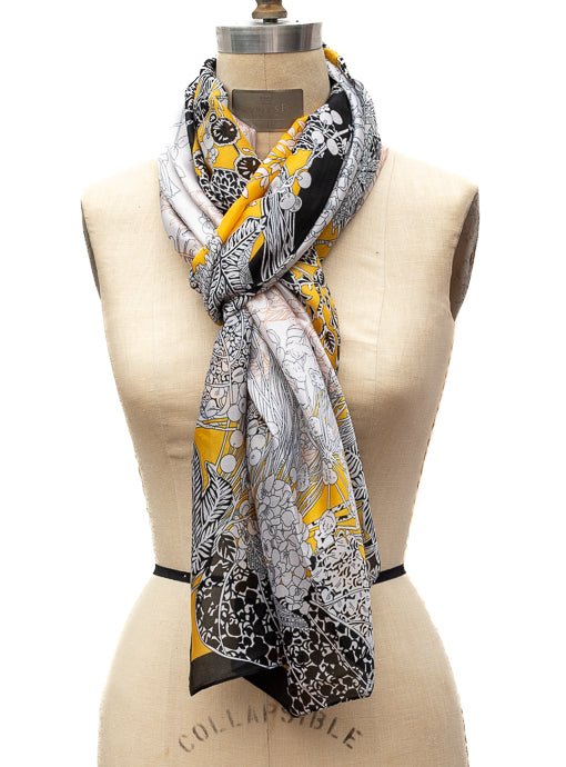Ivory Black Yellow Abstract Floral Silky Scarf Shawl - Just Style LA