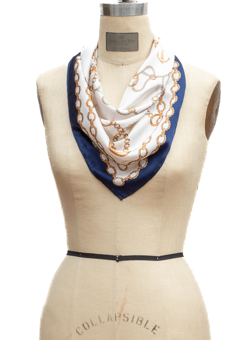 Ivory Navy Gold Chain Print Silky Neck Scarf - Just Style LA