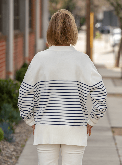 Ivory Navy Stripe Johnny Collar Sweater Top - Just Style LA