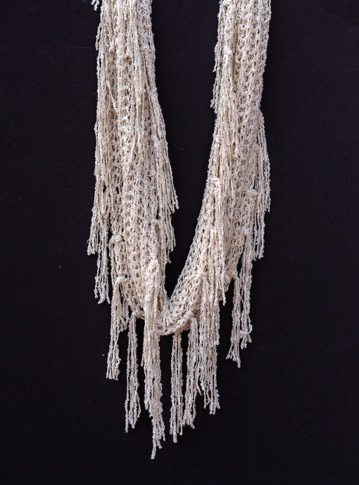 Ivory Open Weave Textured Yarn Infinity Scarf With Fringe - Just Style LA