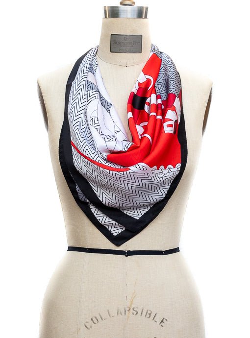 Ivory Red Black Geometric Buckle Print Silky Neck Scarf - Just Style LA