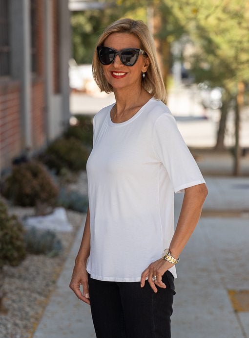Ivory Round Neck Elbow Length Sleeve Top - Just Style LA