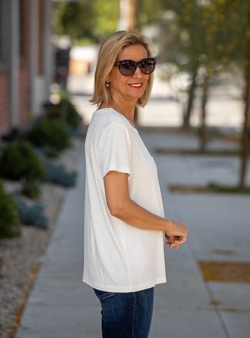 Ivory Round Neck Short Sleeve Top with Pocket - Just Style LA