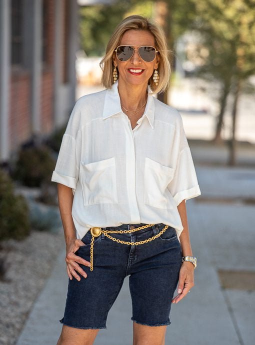Ivory Short Sleeve Shirt With Two Pockets - Just Style LA