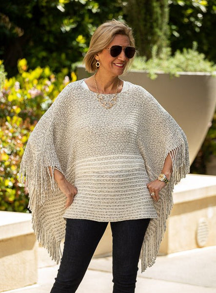 Ivory Taupe Lightweight Chenille Poncho With Fringe