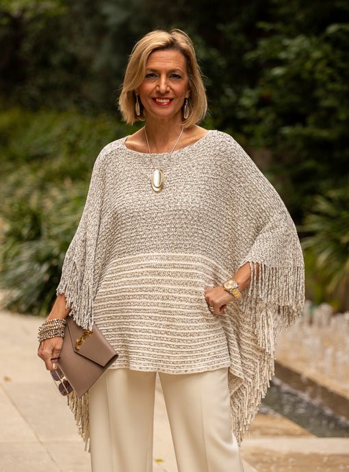 Ivory Taupe Lightweight Chenille Poncho With Fringe - Just Style LA