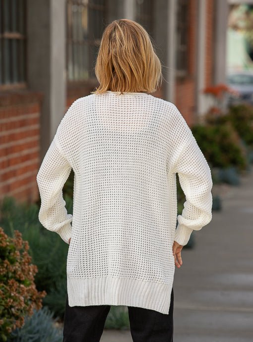 Ivory Textured Waffle Knit Cardigan With Pockets - Just Style LA