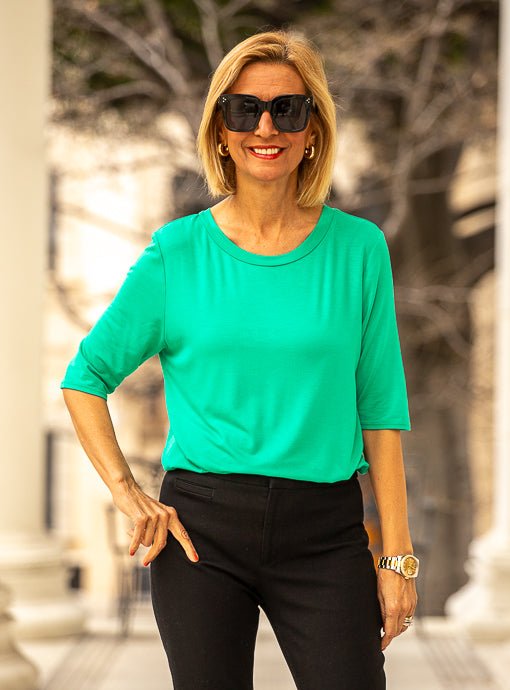 Kelly Green Round Neck Elbow Length Sleeve Top - Just Style LA