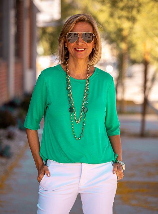 Kelly Green Round Neck Elbow Length Top - Just Style LA