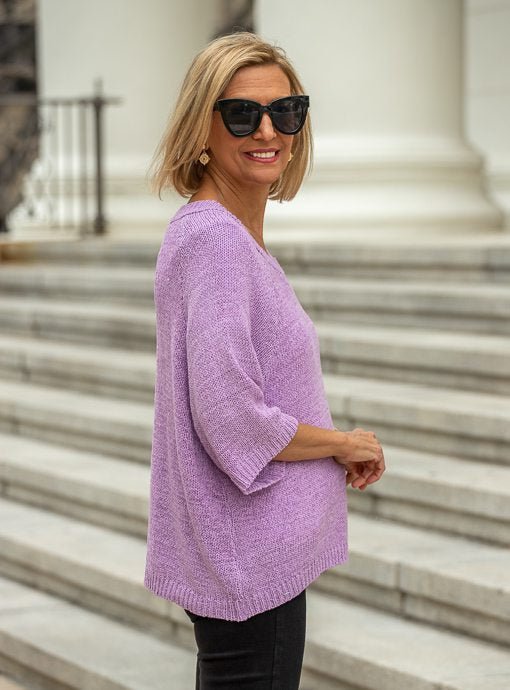 Lavender Tape Yarn Three Quarter Sleeve Sweater - Just Style LA