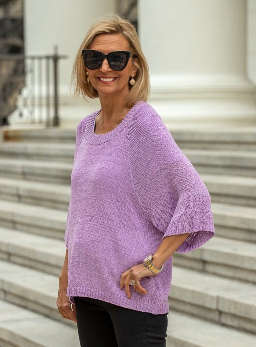 Lavender Tape Yarn Three Quarter Sleeve Sweater - Just Style LA