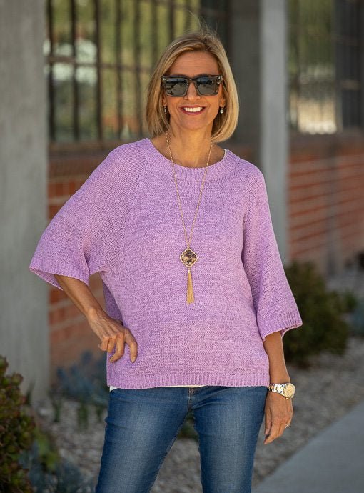 Lavender Tape Yarn Three Quarter Sleeve Sweater Top - Just Style LA