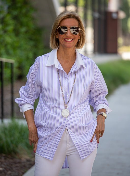 Lavender White Stripe Shirt With White Collar And Cuffs - Just Style LA