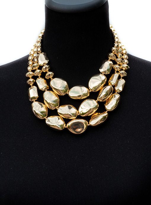 Light Gold Three Layer Chunky Beaded Necklace And Earring Set - Just Style LA