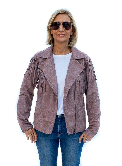 Mauve Sueded Fabric Moto Jacket With Fringe - Just Style LA