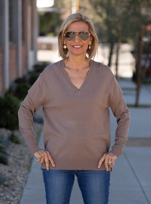 Mocha V Neck Sweater – Just Style LA