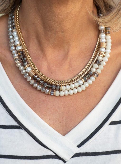 Multi Layer Pearl Gray Gold Bead Necklace - Just Style LA