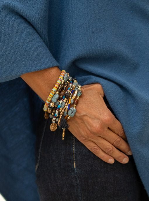 Multi Layered Blue Brown Gold Bracelet Set - Just Style LA