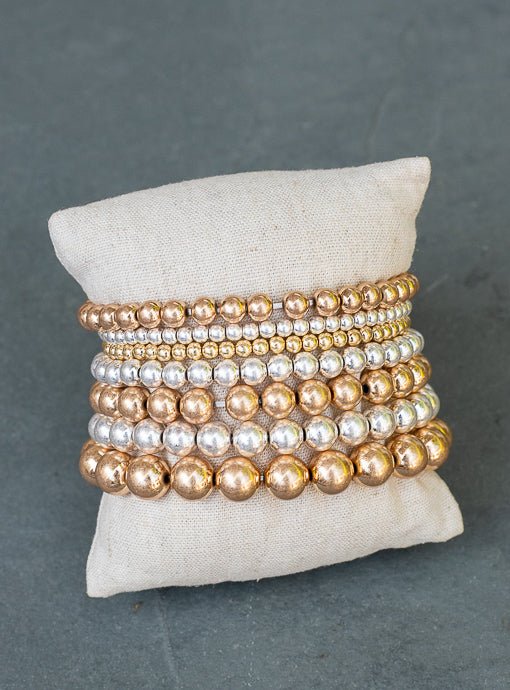 Multi Layered Matte Gold And Silver Bead Bracelet Set - Just Style LA