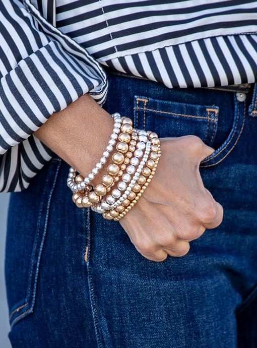 Multi Layered Matte Gold And Silver Bead Bracelet Set - Just Style LA