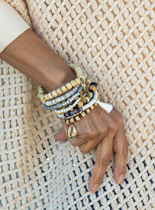 Multi Layered Natural Ivory Black Bracelet Set - Just Style LA