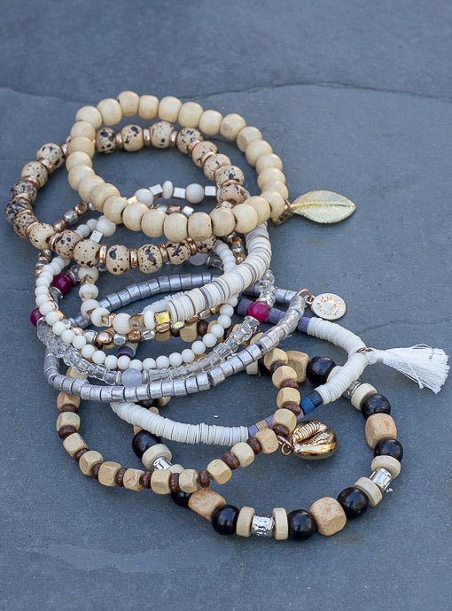 Multi Layered Natural Ivory Black Bracelet Set - Just Style LA
