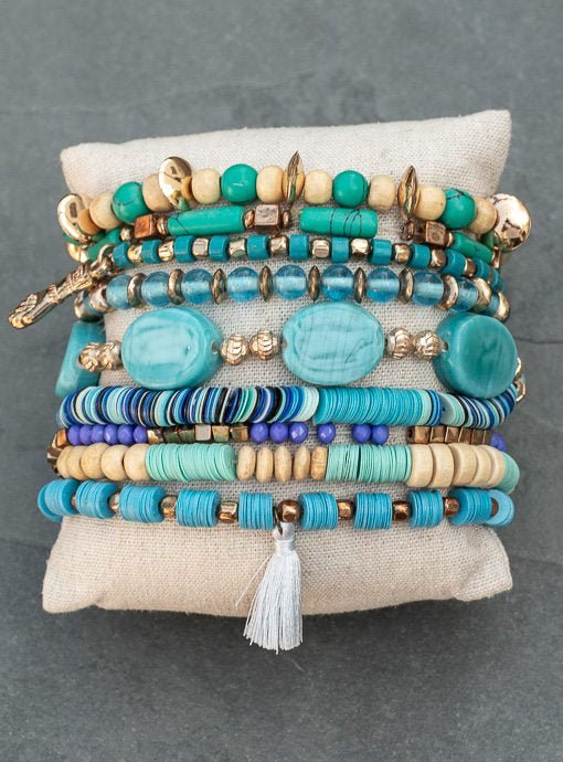 Multi Layered Turquoise Blue Tan Bracelet Set - Just Style LA