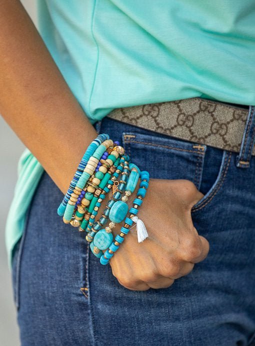 Multi Layered Turquoise Blue Tan Bracelet Set - Just Style LA