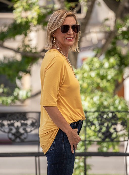 Mustard Round Neck Elbow Length Sleeve Top - Just Style LA