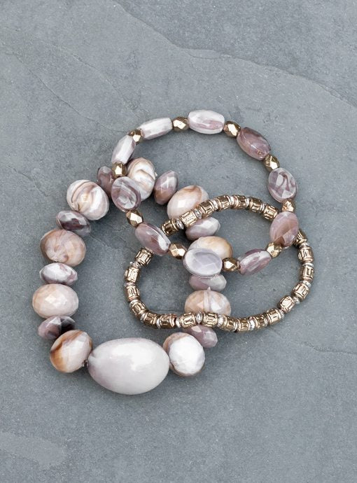 Natural Gold Marbleized Faux Bead Three Piece Bracelet Set - Just Style LA