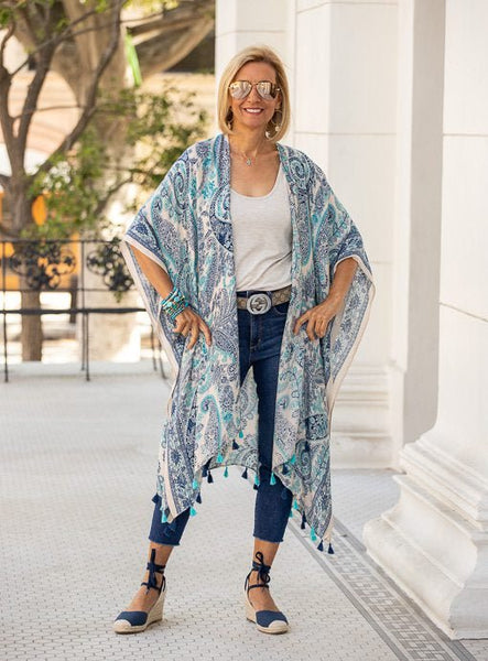 LA Kimono Natural Paisley Print Turquoise Style With Tassels – Just
