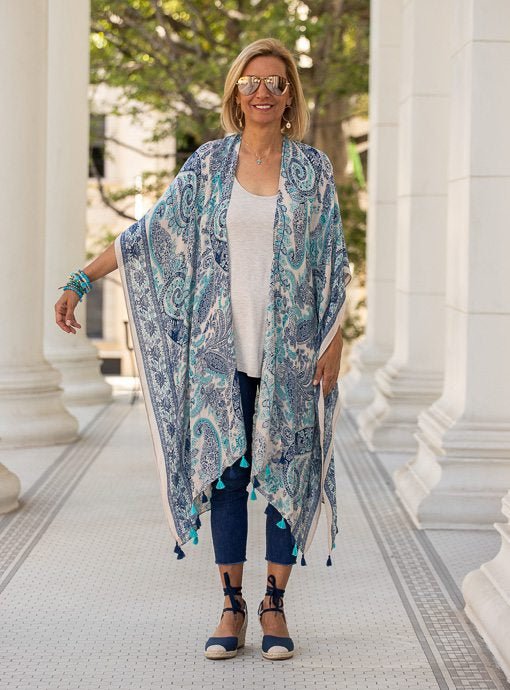 Natural Turquoise Paisley Print Kimono With Tassels - Just Style LA