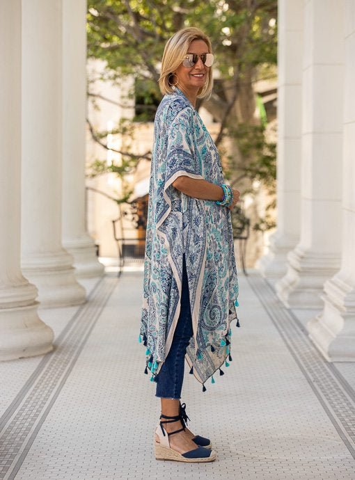 Natural Turquoise Paisley Print Kimono With Tassels - Just Style LA