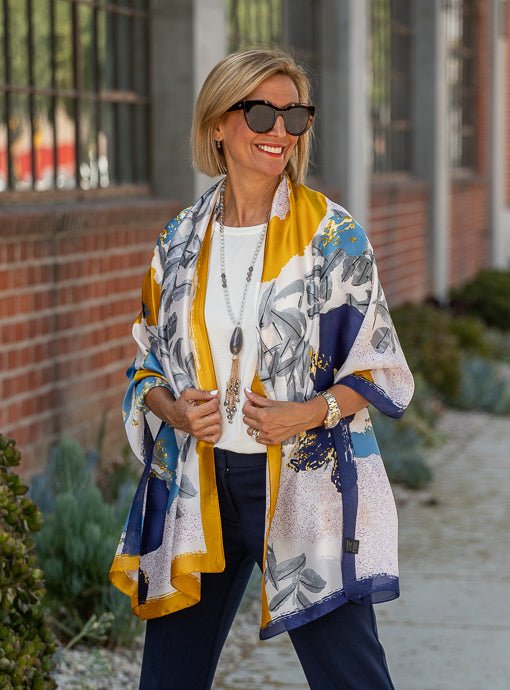Navy Blue Gold Abstract Floral Silky Scarf Shawl – Just Style LA