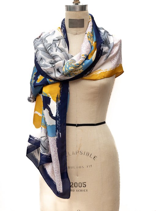 Navy Blue Gold Abstract Floral Silky Scarf Shawl - Just Style LA