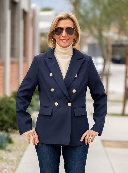 Mens Navy Blue Double Breasted Blazer With Gold Buttons