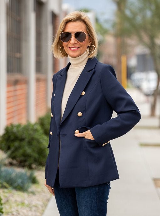 Navy Double Breasted Blazer With Gold Buttons – Just Style LA