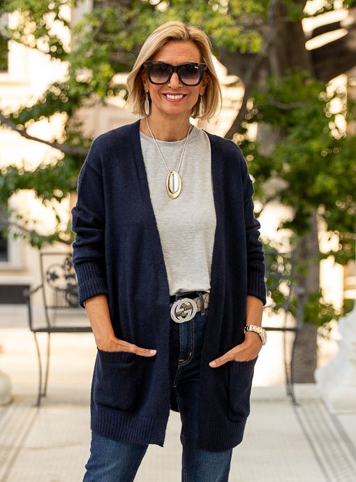 navy blue cardigan for dress Navy Ribbed Knit Long Sleeve Cardigan & Mini Dress Set